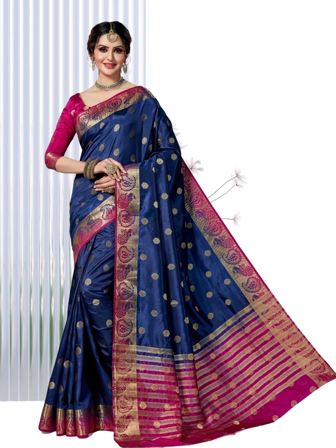 

Mitera Ethnic Motifs Zari Silk Blend Kanjeevaram Saree, Blue