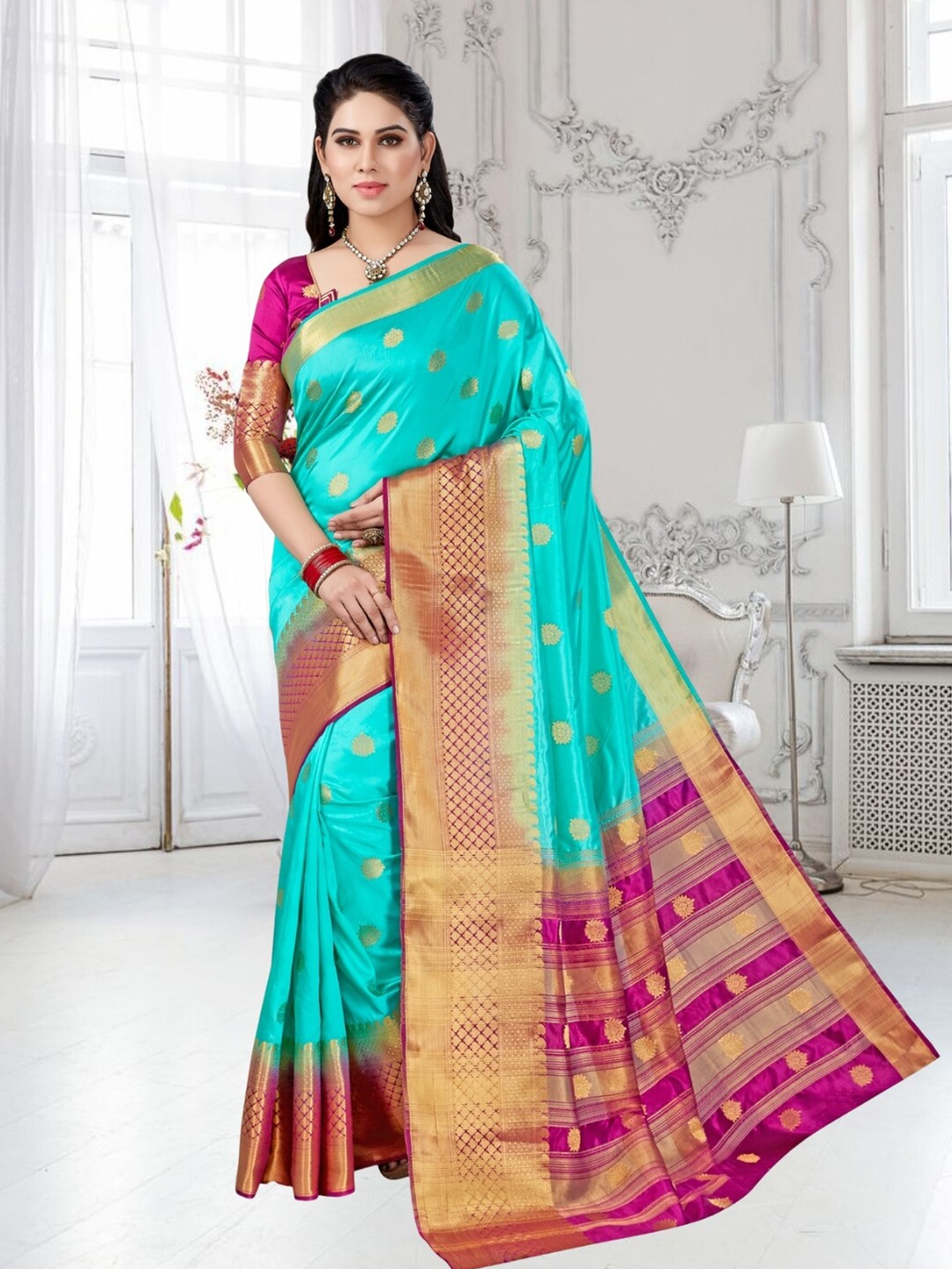 

Mitera Ethnic Motifs Zari Silk Blend Kanjeevaram Saree, Turquoise blue