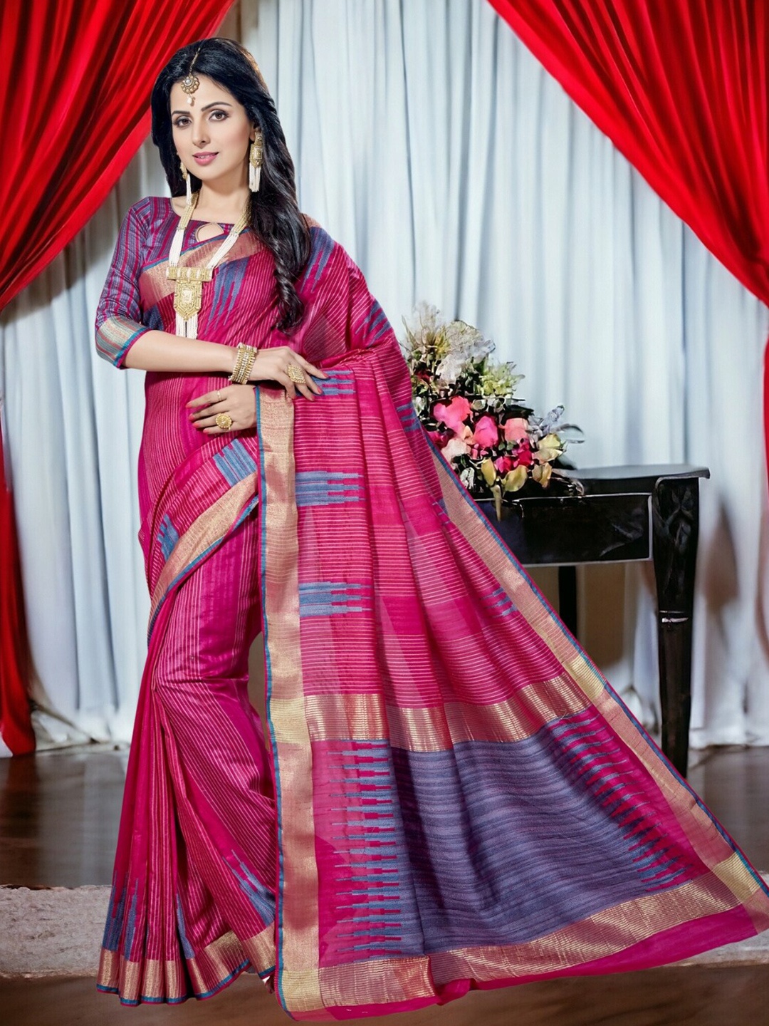 

Mitera Ethnic Motifs Zari Silk Blend Kanjeevaram Saree, Pink