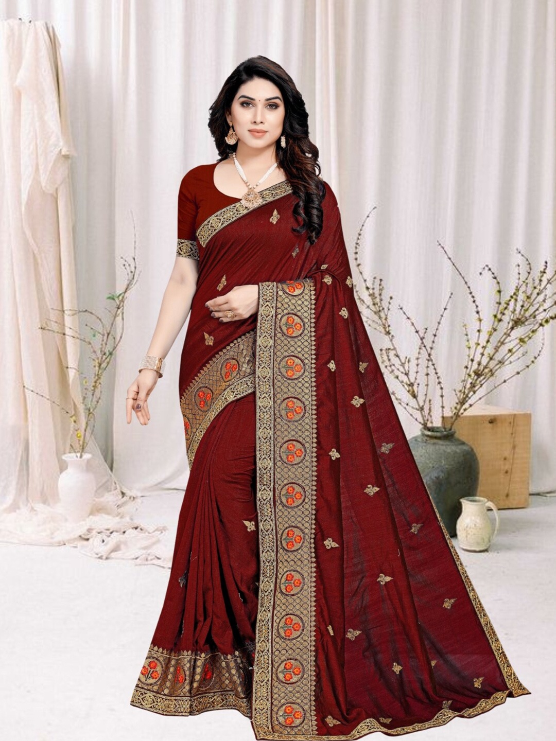 

Mitera Floral Embroidered Silk Blend Saree, Rust