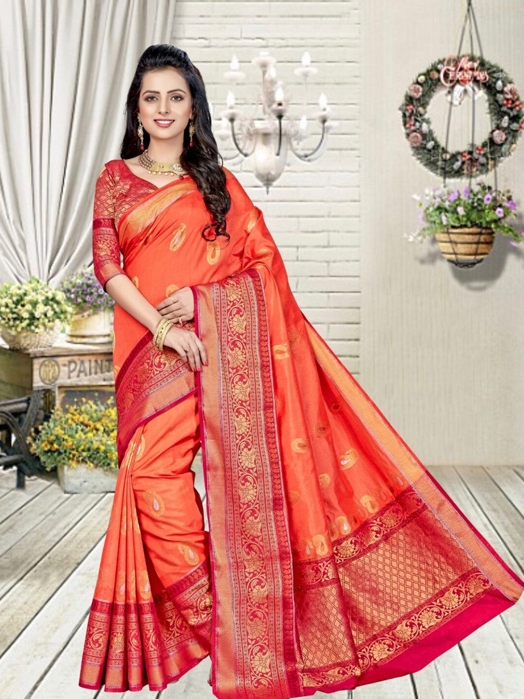

Mitera Ethnic Motifs Zari Silk Blend Kanjeevaram Saree, Orange