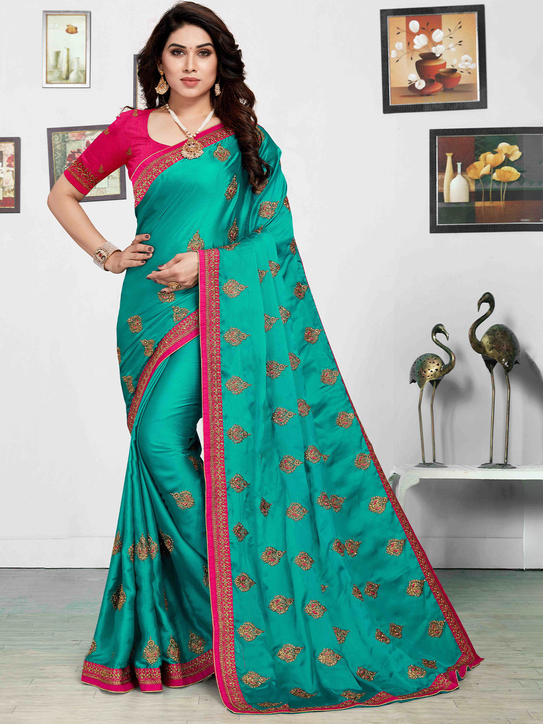 

Mitera Ethnic Motifs Embroidered Silk Blend Saree, Teal