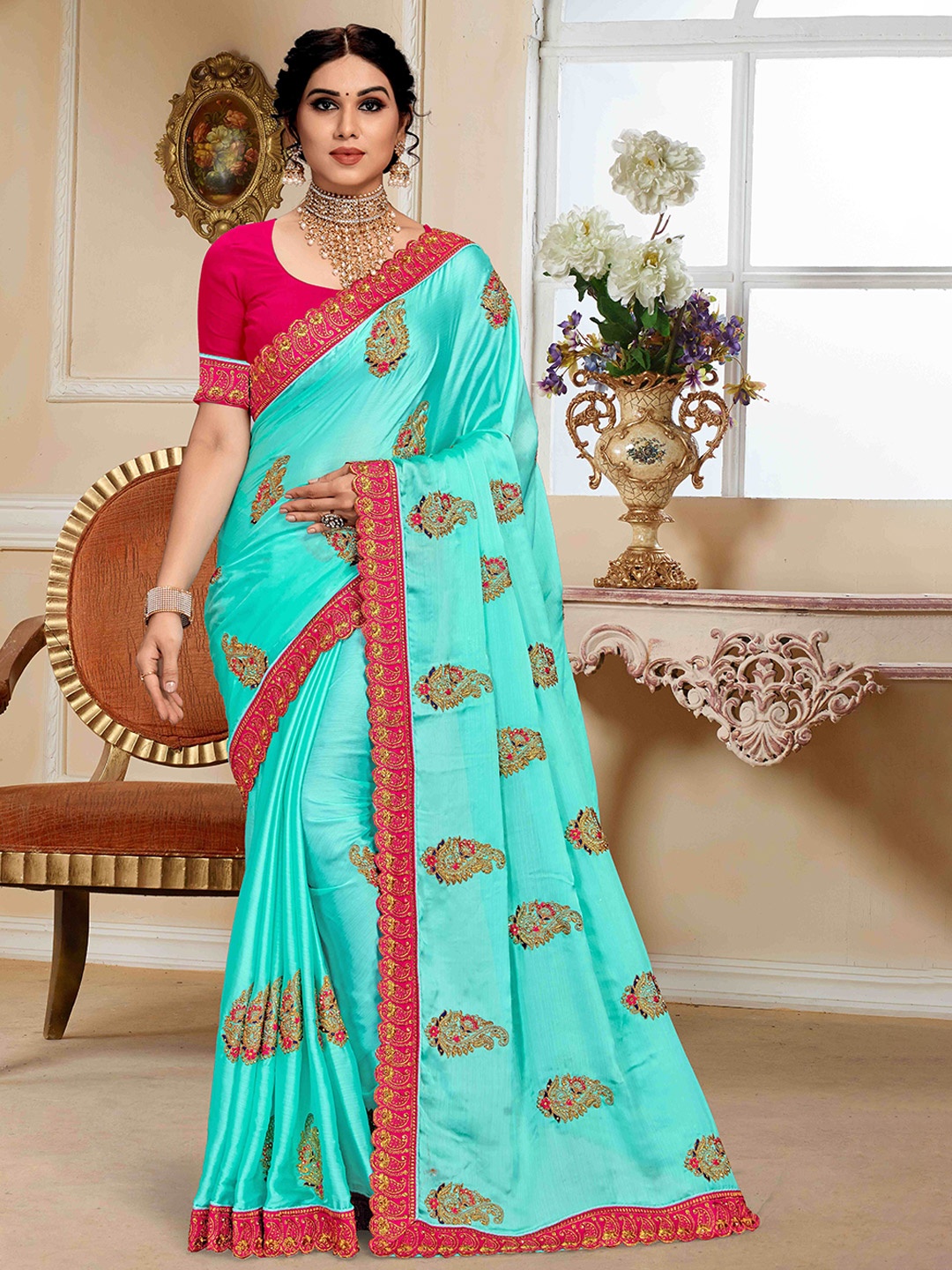 

Mitera Ethnic Motifs Embroidered Silk Blend Saree, Blue