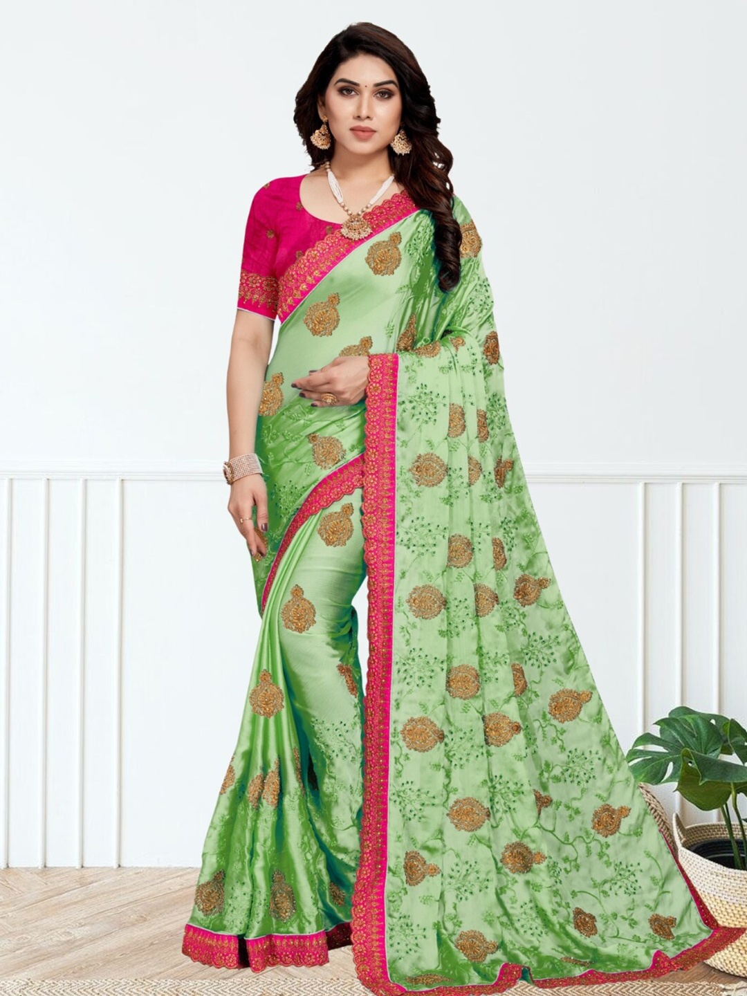 

Mitera Ethnic Motifs Embroidered Silk Blend Saree, Green