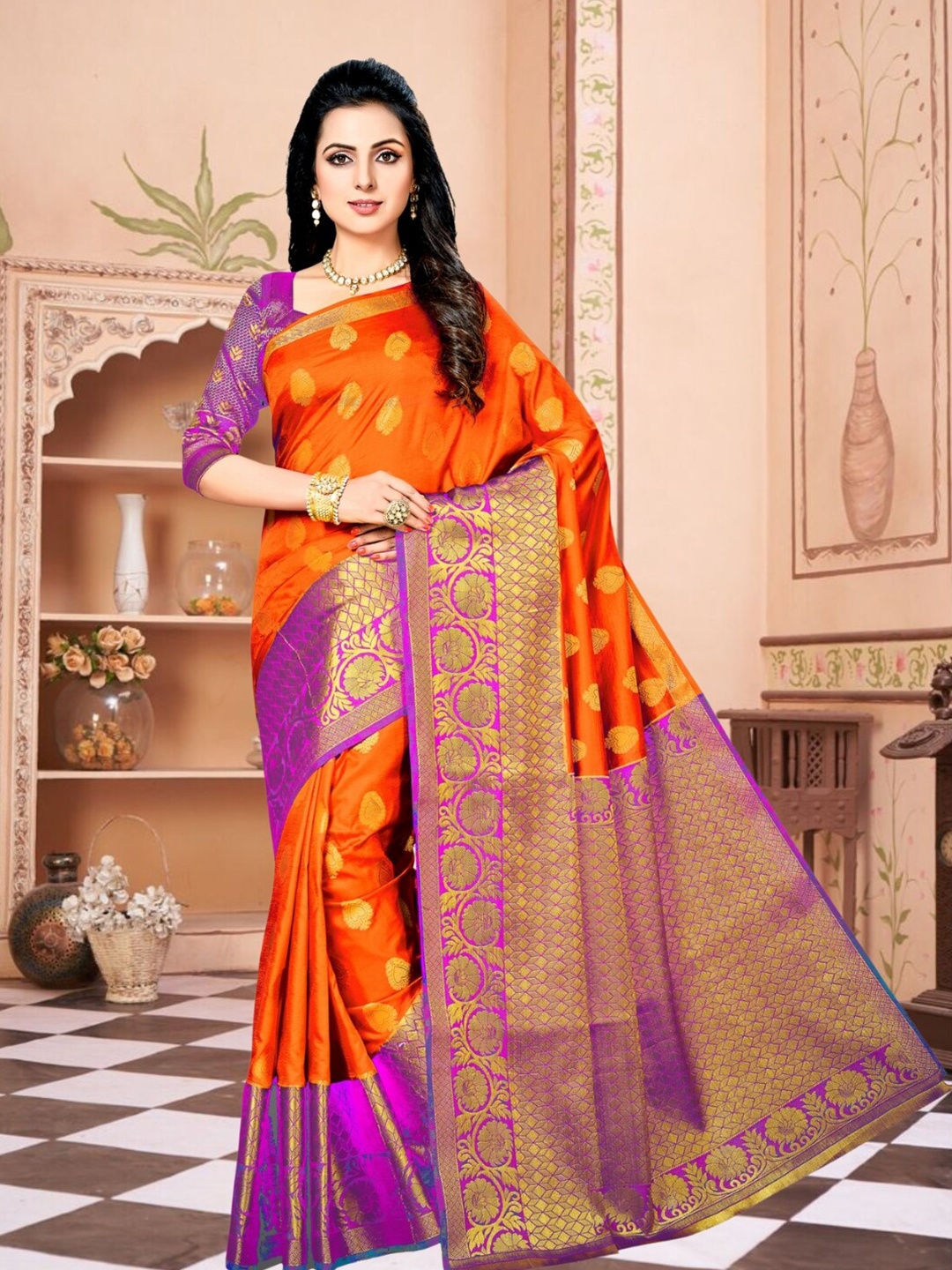 

Mitera Ethnic Motifs Zari Silk Blend Kanjeevaram Saree, Orange