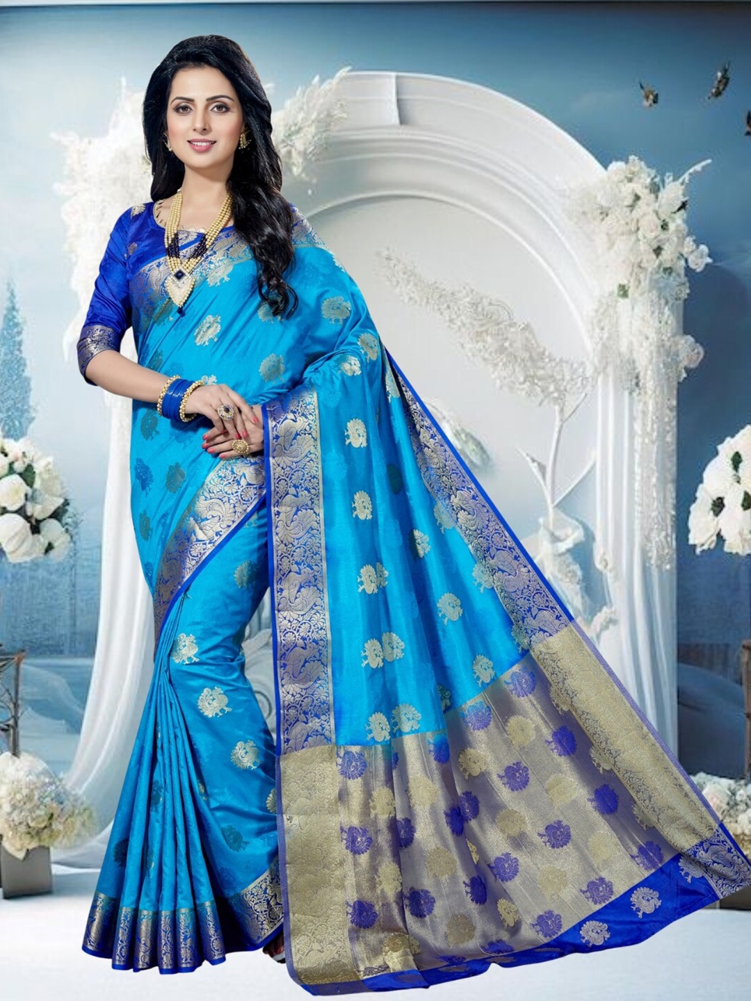 

Mitera Ethnic Motifs Zari Silk Blend Kanjeevaram Saree, Blue