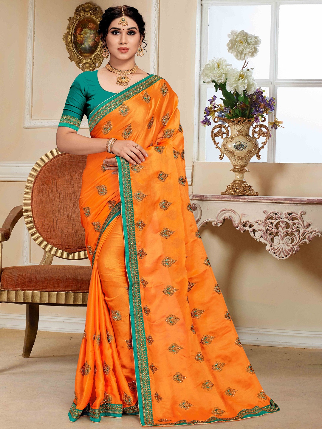 

Mitera Ethnic Motifs Embroidered Silk Blend Saree, Orange