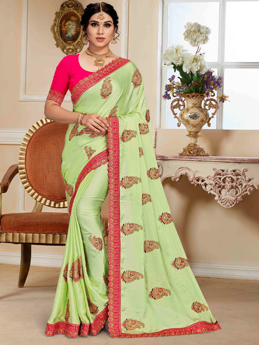 

Mitera Ethnic Motifs Embroidered Silk Blend Saree, Green