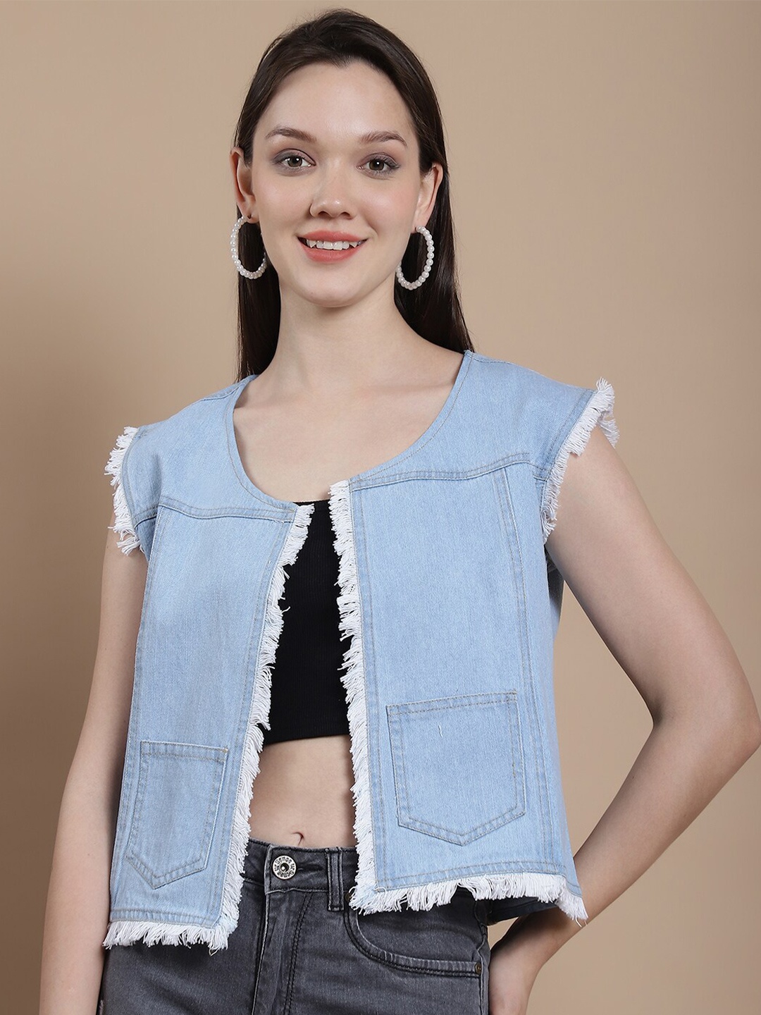 

urSense Self Design Round Neck Pure Cotton Open Front Shrug, Blue