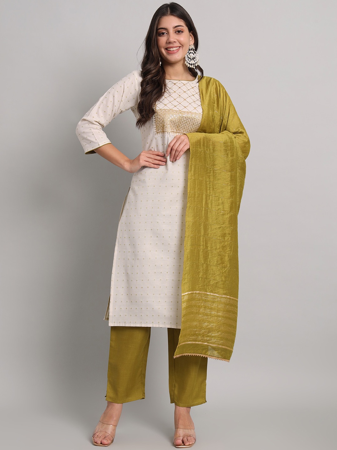 

S.K.C Ethnic Motifs Embroidered Regular Sequinned Kurta with Trousers & Dupatta, Off white