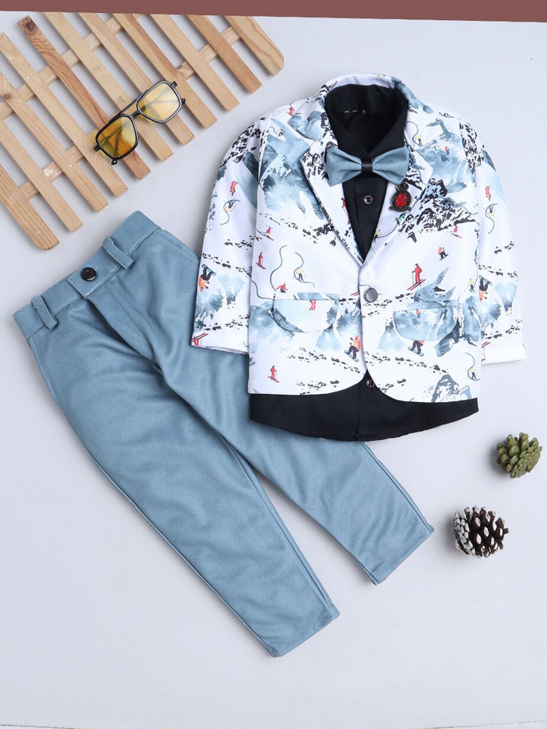 

FOURFOLDS Boys Printed Single-Breasted 3 Piece Suit With Bow, Green
