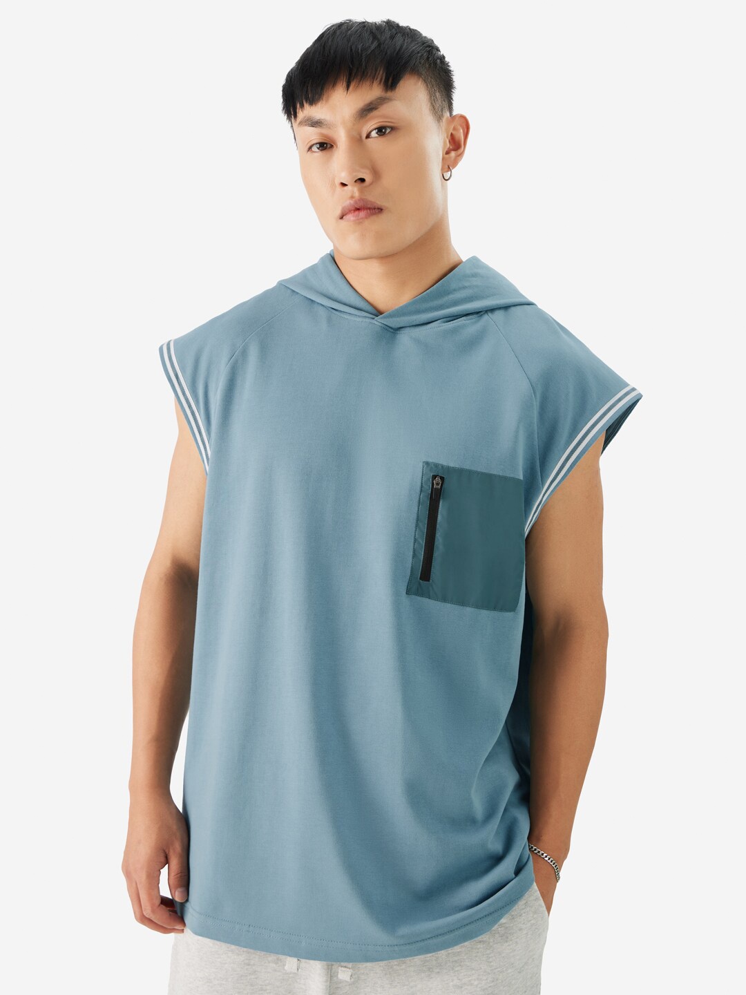 

The Souled Store Hooded Sleeveless Cotton T-shirt, Blue