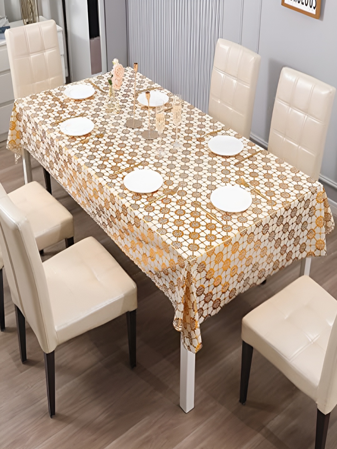 

HOKIPO Gold Toned & White 4 Seater Floral Rectangle Table Cover