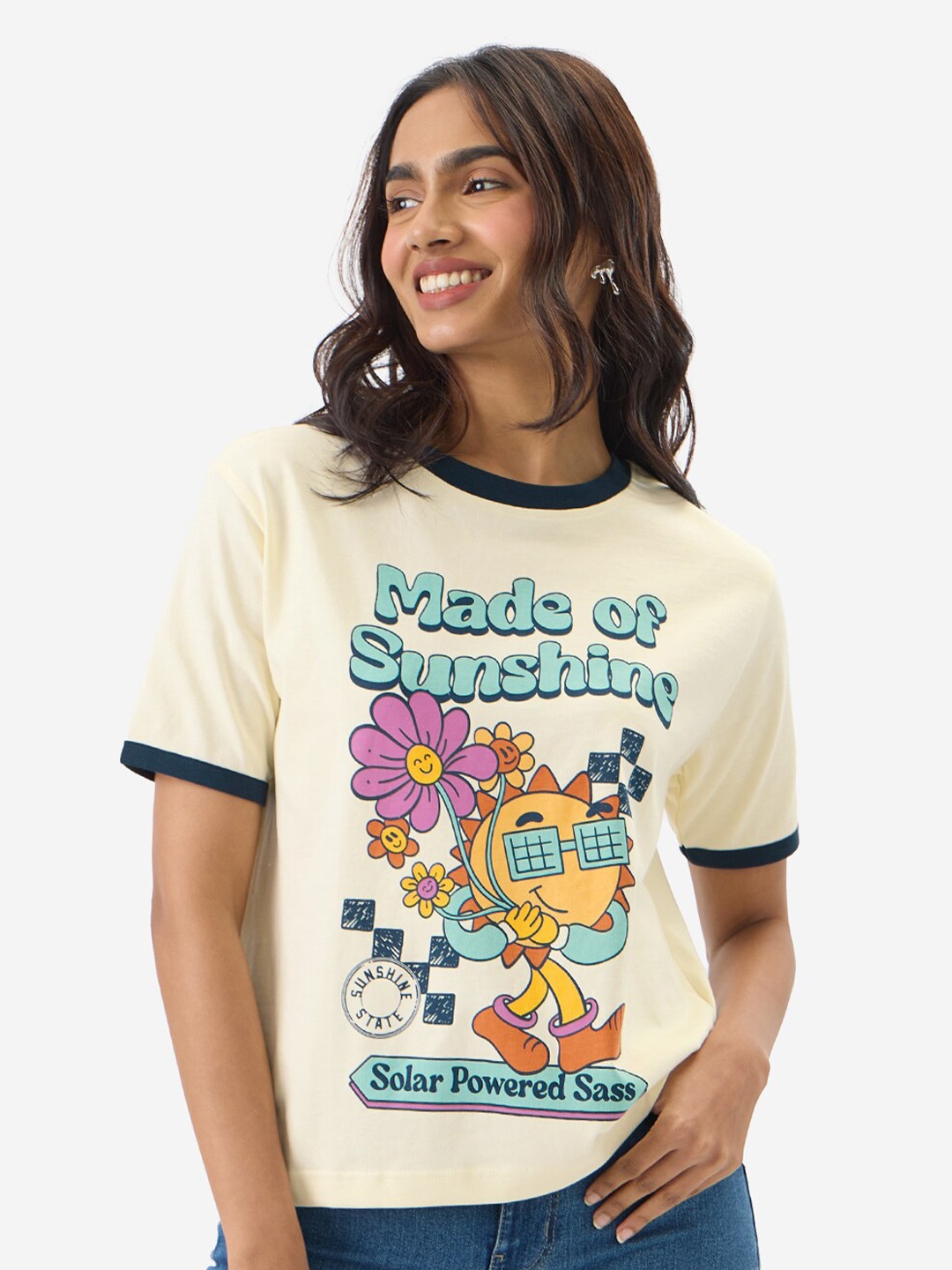 

The Souled Store Round Neck Floral Printed Cotton T-shirt, Off white