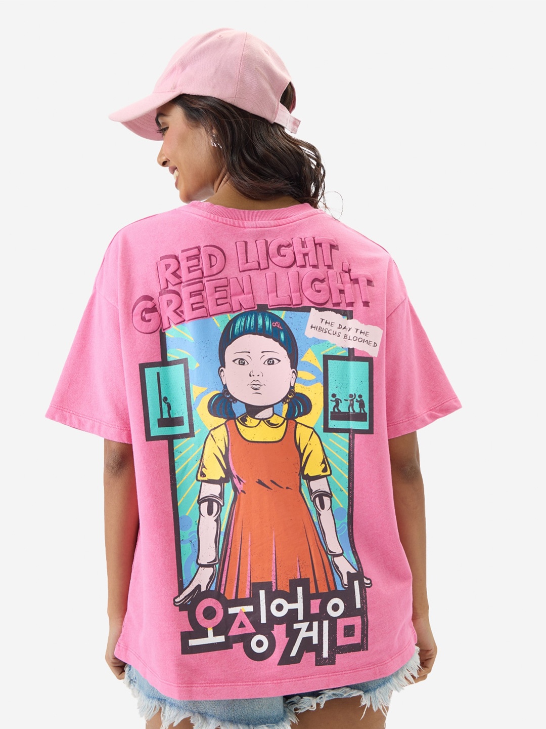 

The Souled Store Round Neck Drop Shoulder Sleeves Graphic Printed Cotton Oversized T-shirt, Pink