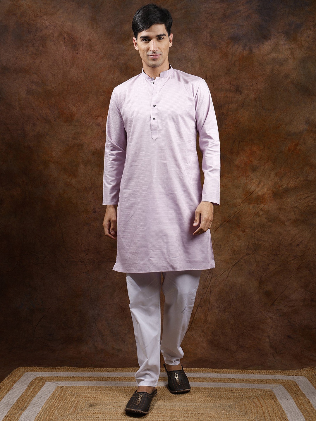 

Exotic India Cotton Kurta Pajama Set with Herringbone Weave, White