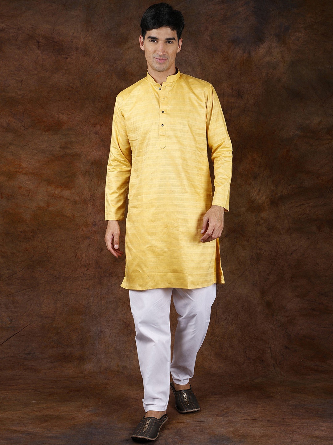 

Exotic India Pure Cotton Kurta Pajama with Chevron Weave, Yellow