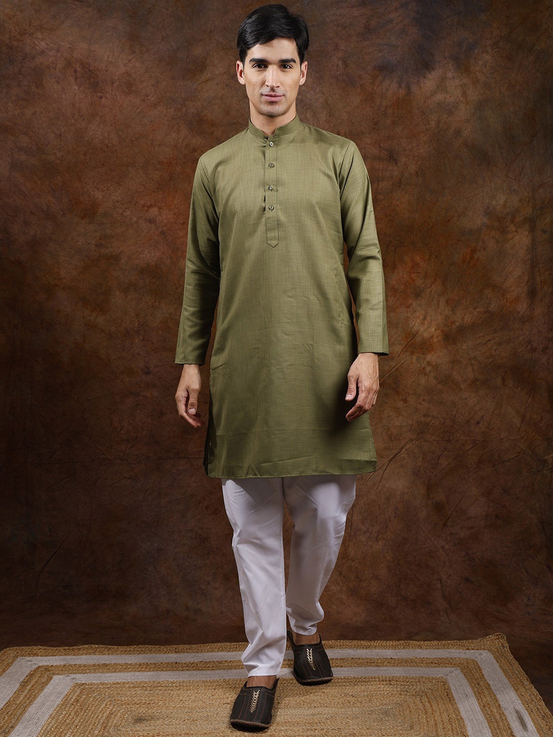 

Exotic India Olivine Pure Cotton Plain Casual Kurta with Elastic Waist White Pajama, Olive