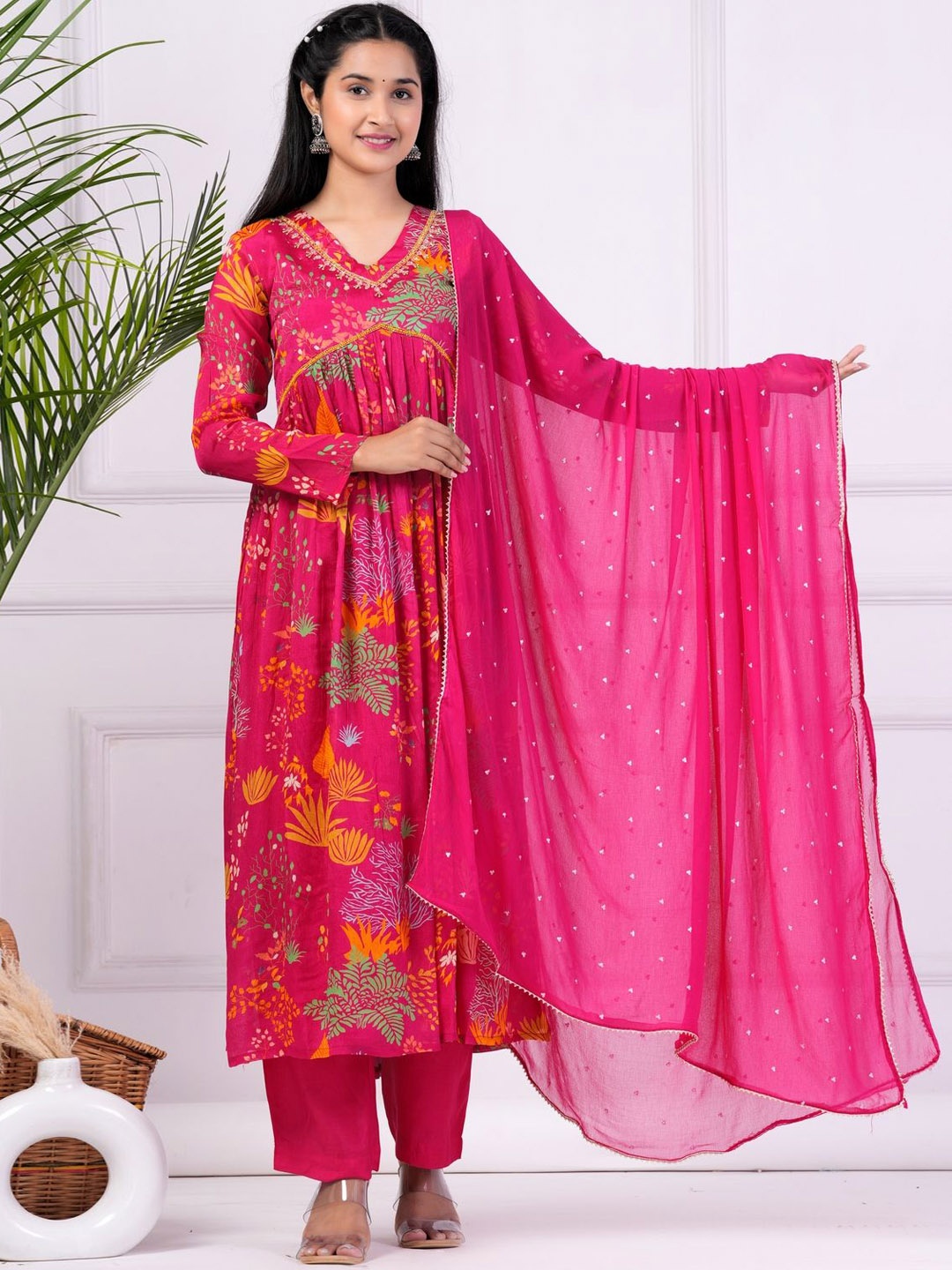 

KALINI Floral Printed Empire Beads and Stones Kurta With Trousers & Dupatta, Pink