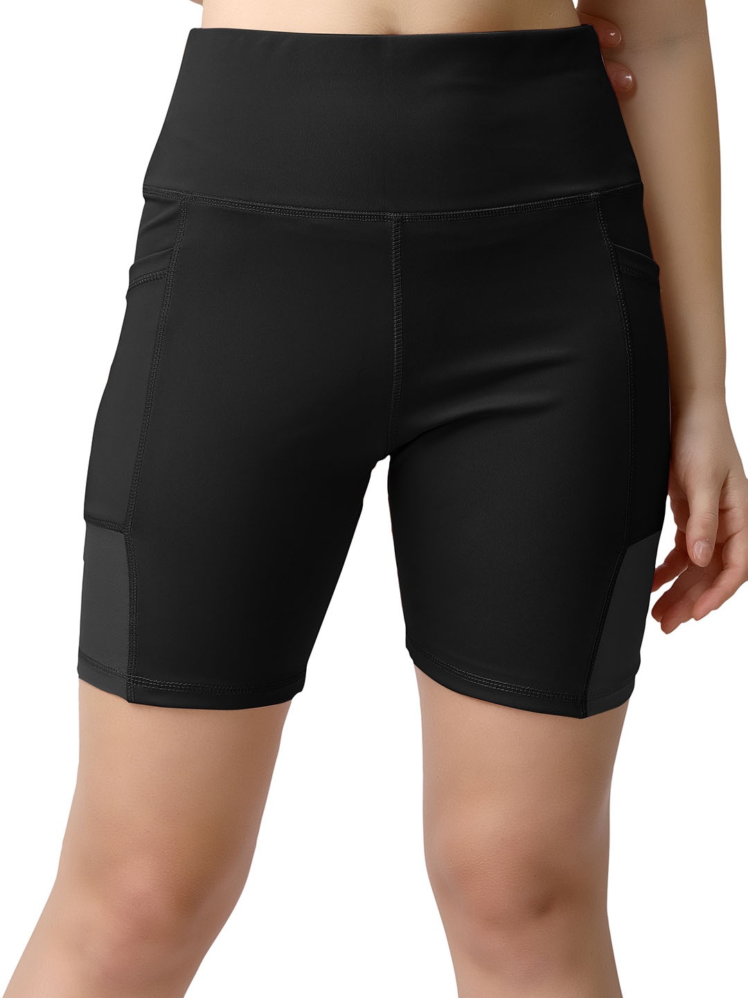

Mehrang Women Skinny Fit High-Rise Training or Gym Sports Shorts, Black