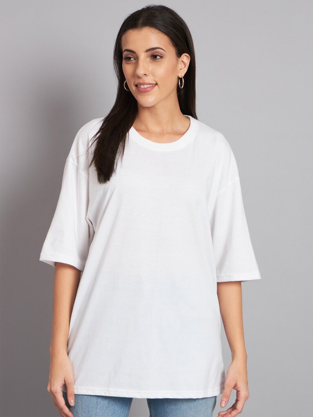 

urSense Three-Quarter Sleeves Round Neck Cotton Oversized T-shirt, White
