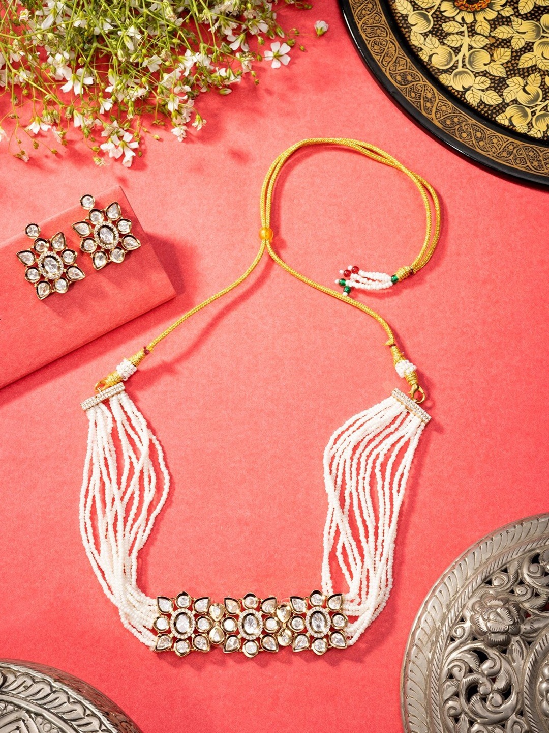 

Niscka Gold-Plated Pearl and Kundan Floral Choker Jewellery Set, White