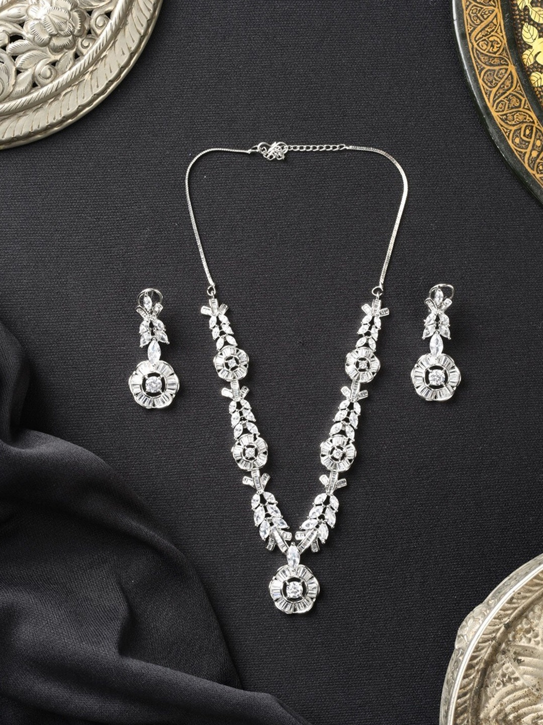 

Niscka Rhodium Plated American Diamond-Studded Necklace And Earrings, Silver