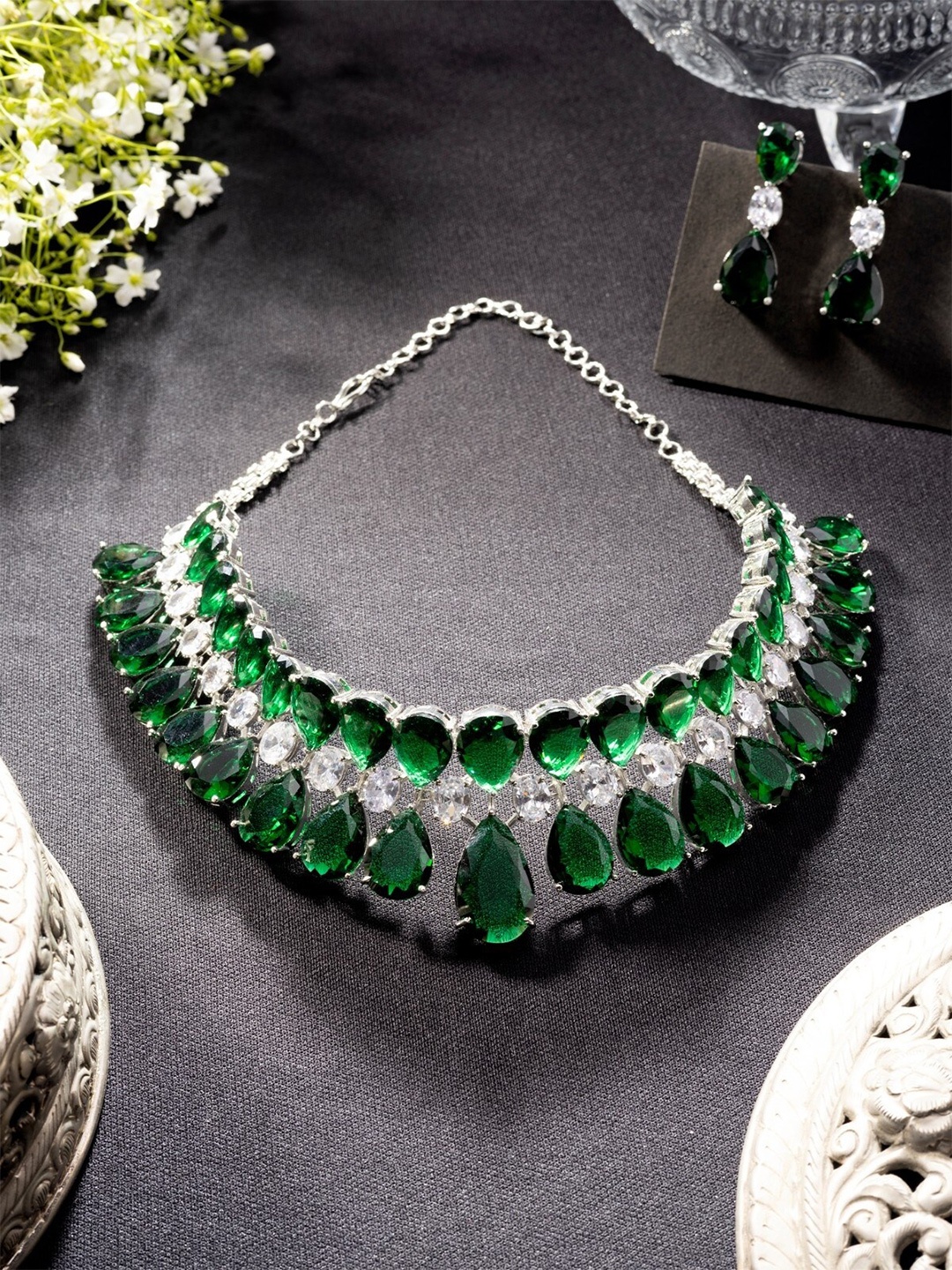 

Niscka Rhodium Plated American Diamond Chokar Necklace Set with Earrings, Green