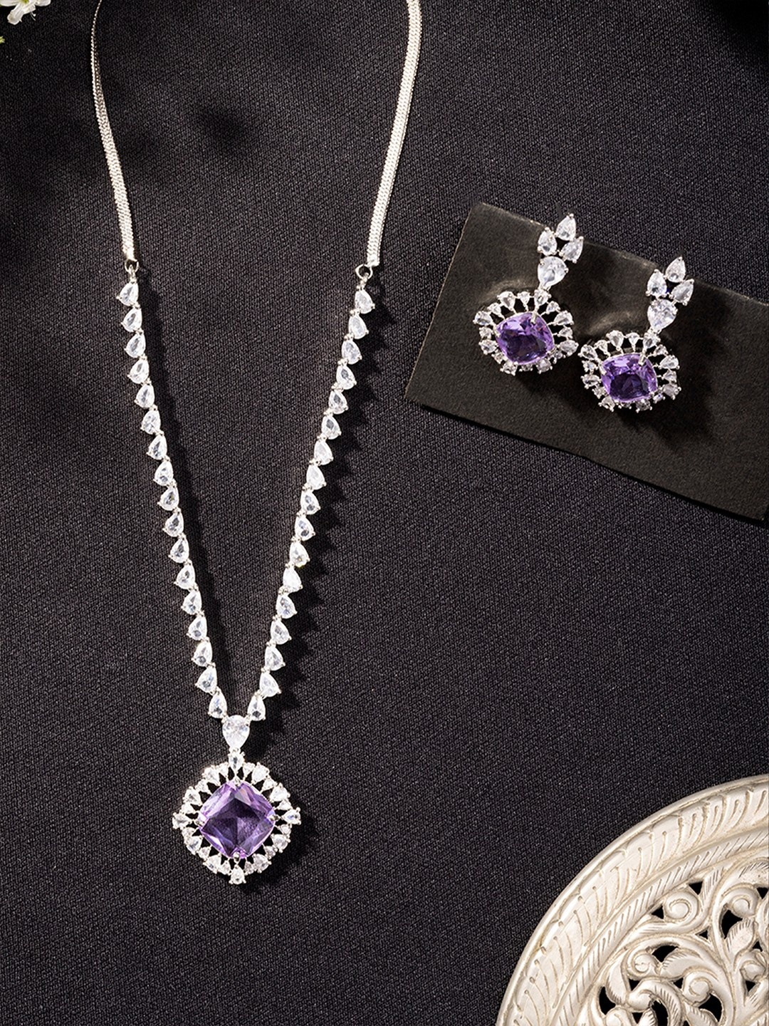 

Niscka Rhodium Plated American Diamond Studded Jewellery Set, Silver
