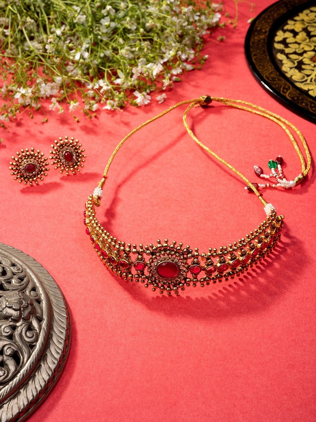 

Niscka Gold-Plated Necklace With Earrings Set, Red