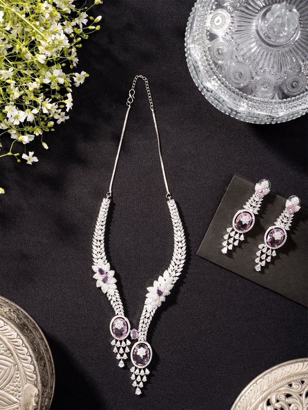 

Niscka Rhodium Plated American Diamond Studded Jewellery Set, Pink