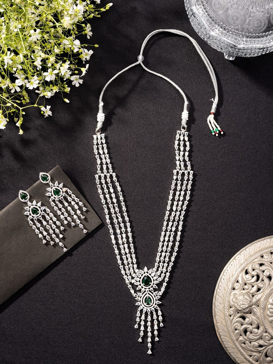 

Niscka Rhodium Plated American Diamond Studded Layered Jewellery Set, Green