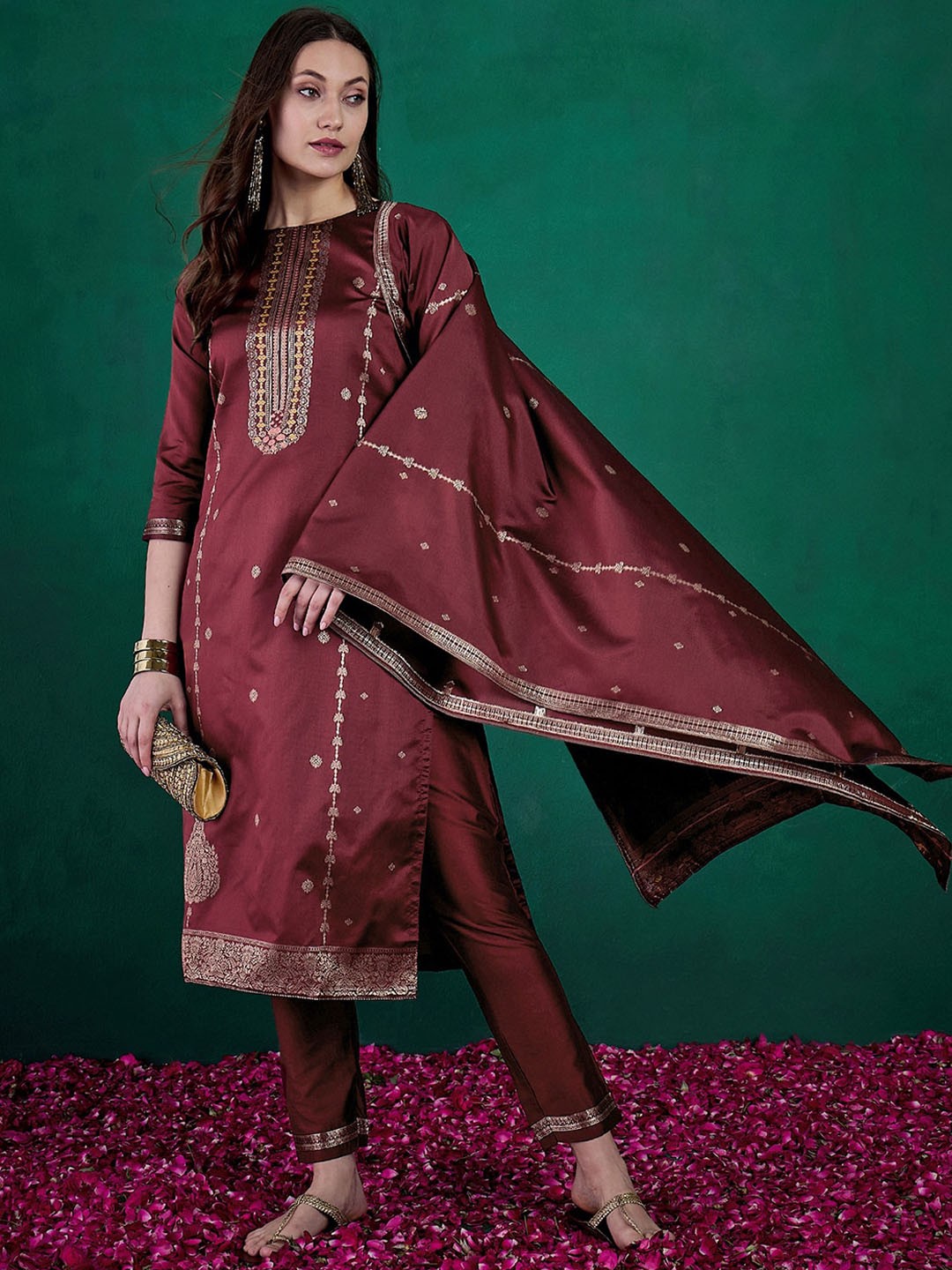

Sangria Zari Woven Round Neck Kurta With Trousers & Dupatta, Maroon