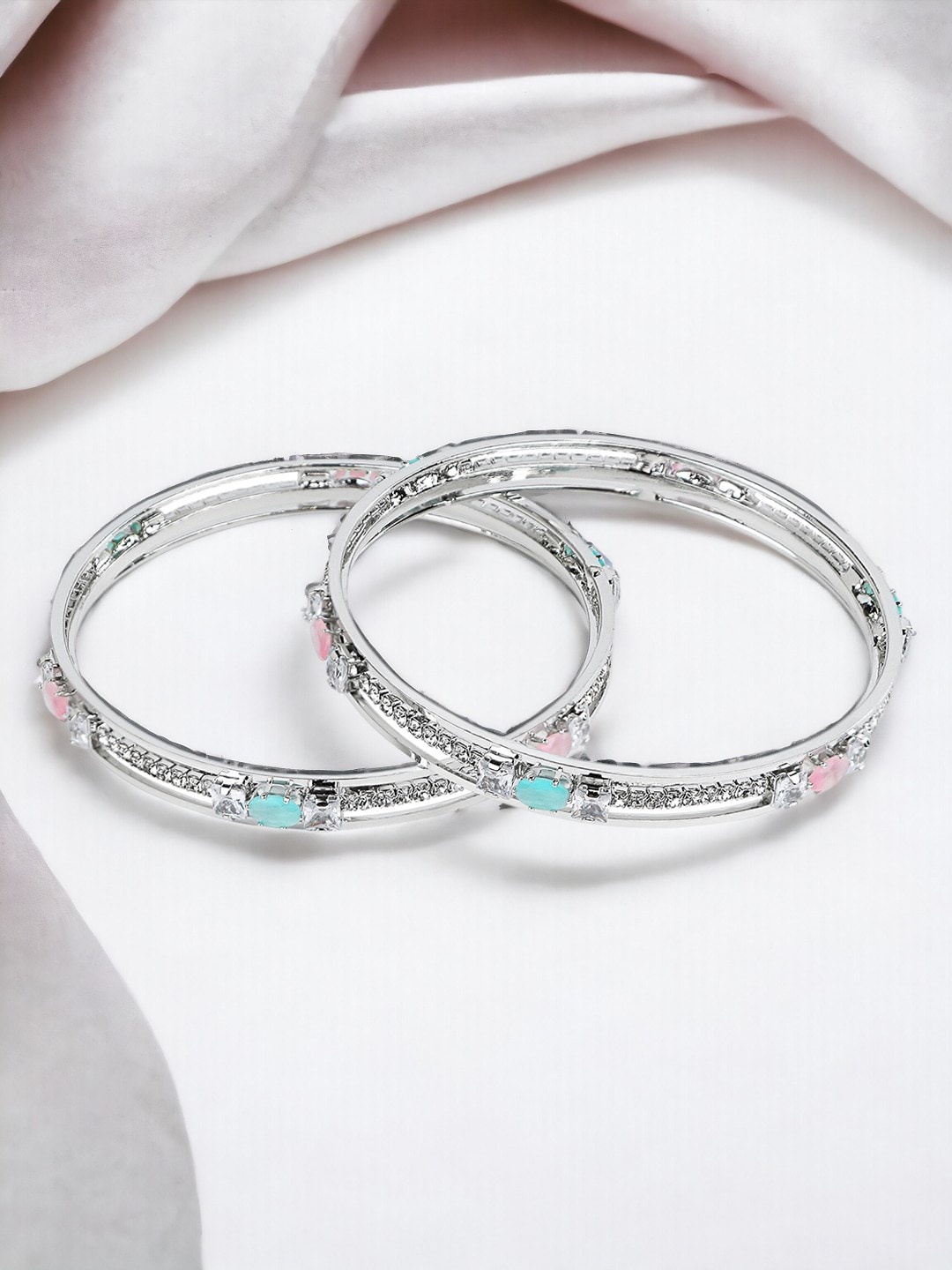

FEMMIBELLA Set Of 2 Silver-Plated CZ & Stones-Studded Bangles