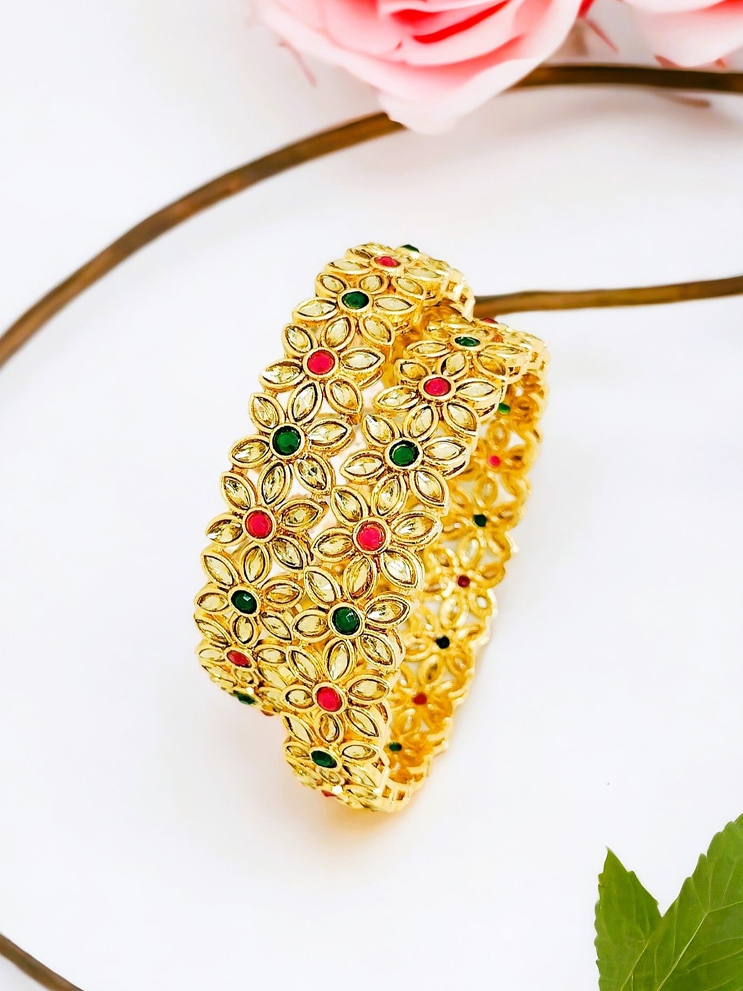 

FEMMIBELLA Set Of 2 Gold-Plated Kundan Stone Studded Bangles