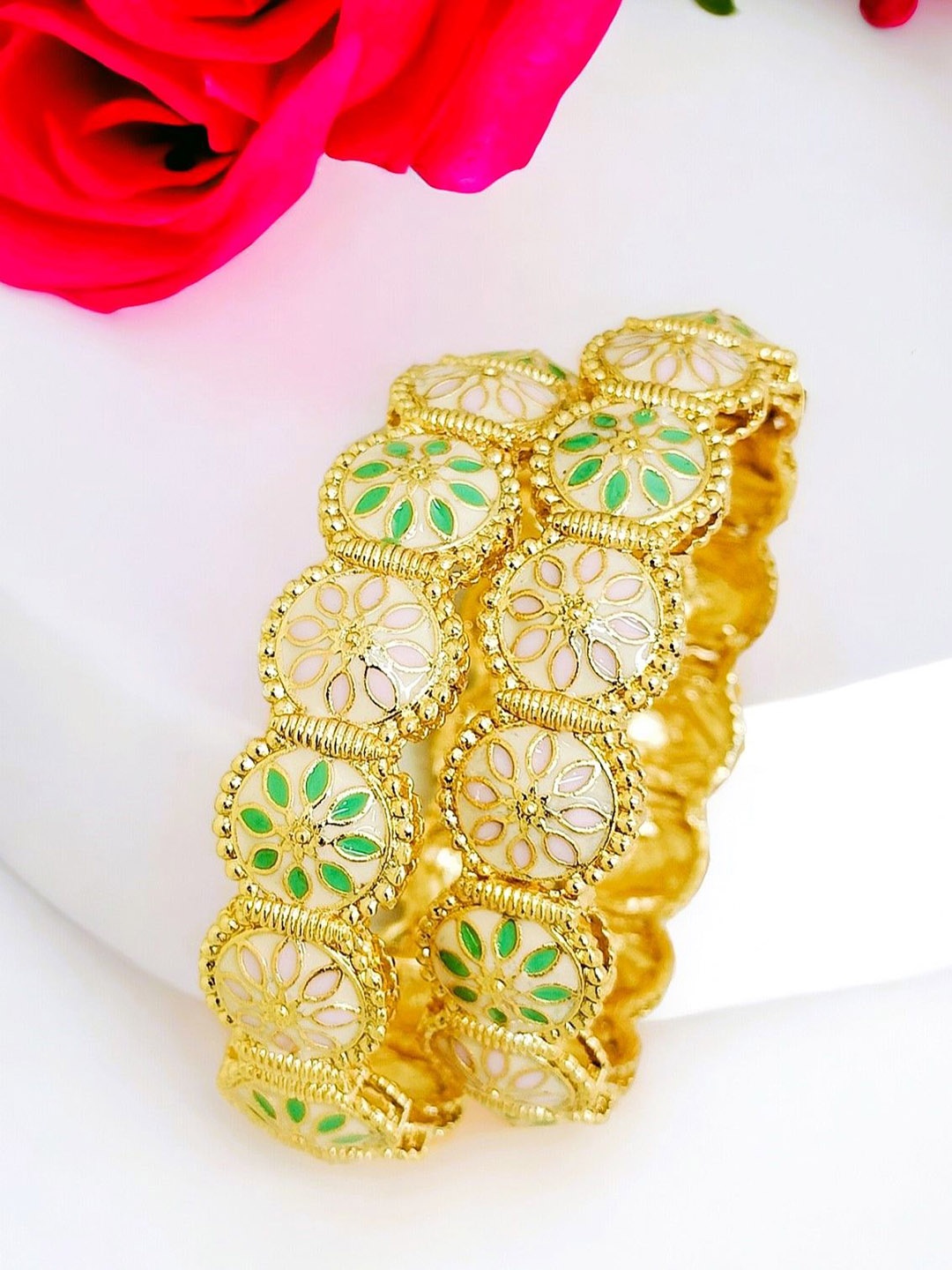 

FEMMIBELLA Set Of 2 Gold-Plated Stone-Studded Details Bangles