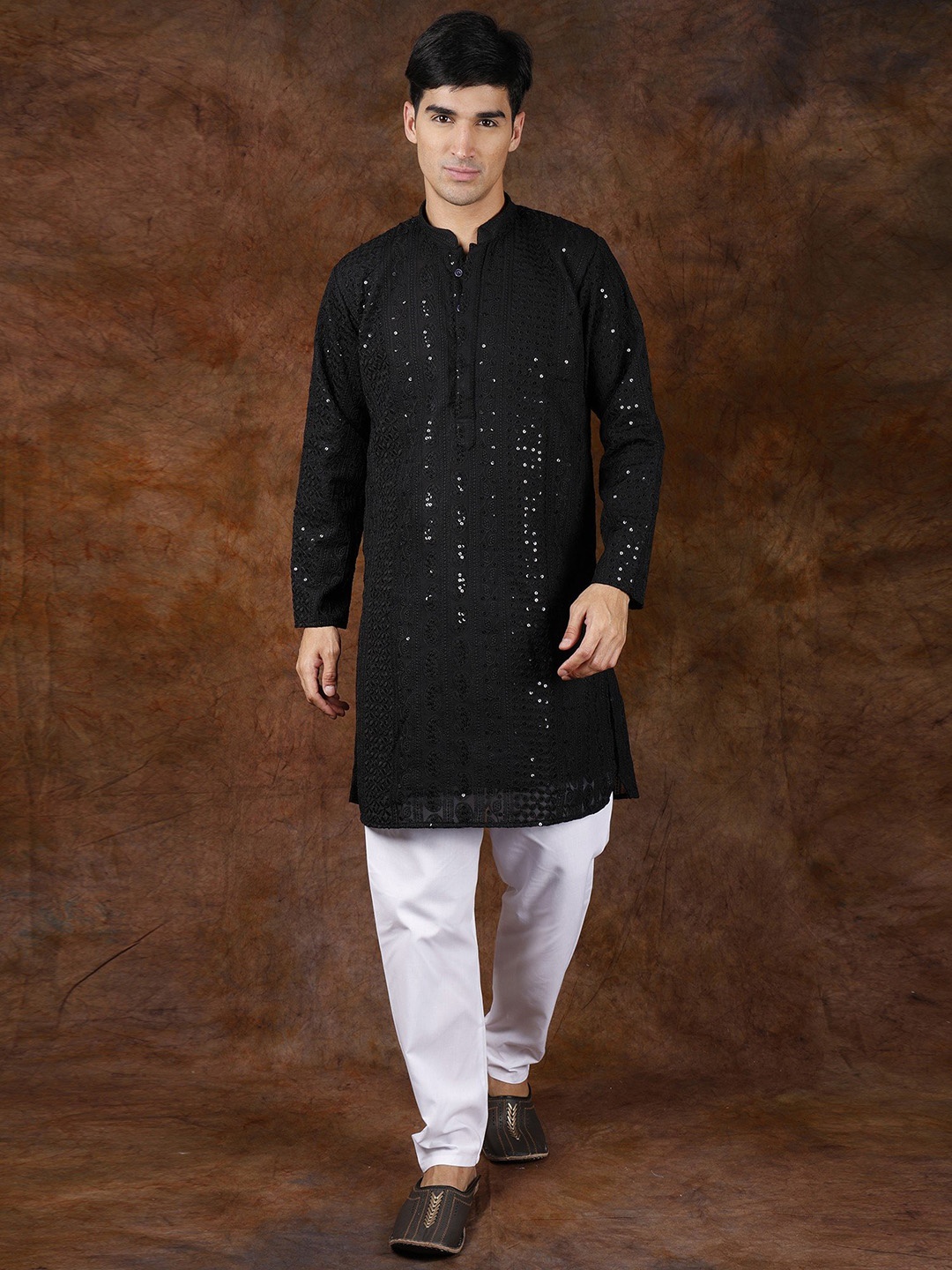 

Exotic India Black Onyx Lukhnavi Chikan Kurta Pajama Set with Embroidered Paisleys