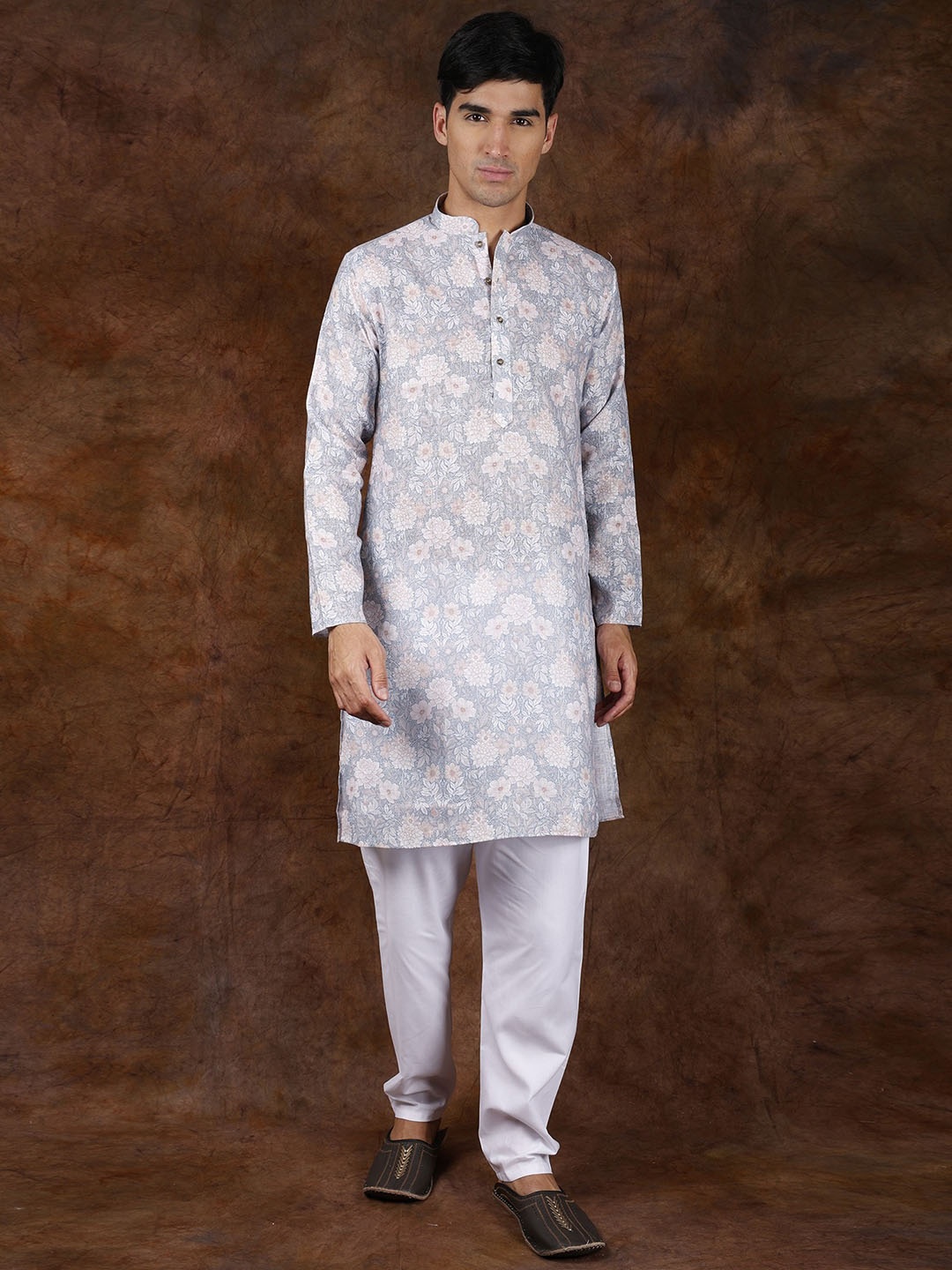 

Exotic India Pure Cotton Floral Printed Casual Kurta Pajama Set, Blue
