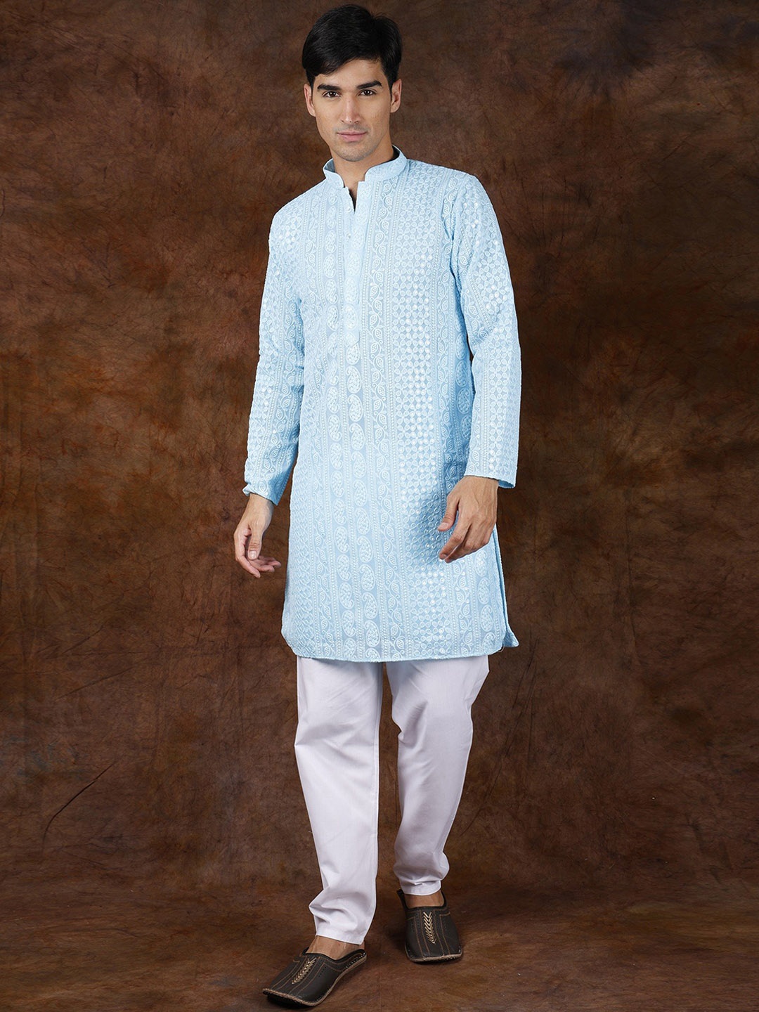 

Exotic India Blue Elixir Lukhnavi Chikan Kurta Pajama Set with Embroidered Paisleys