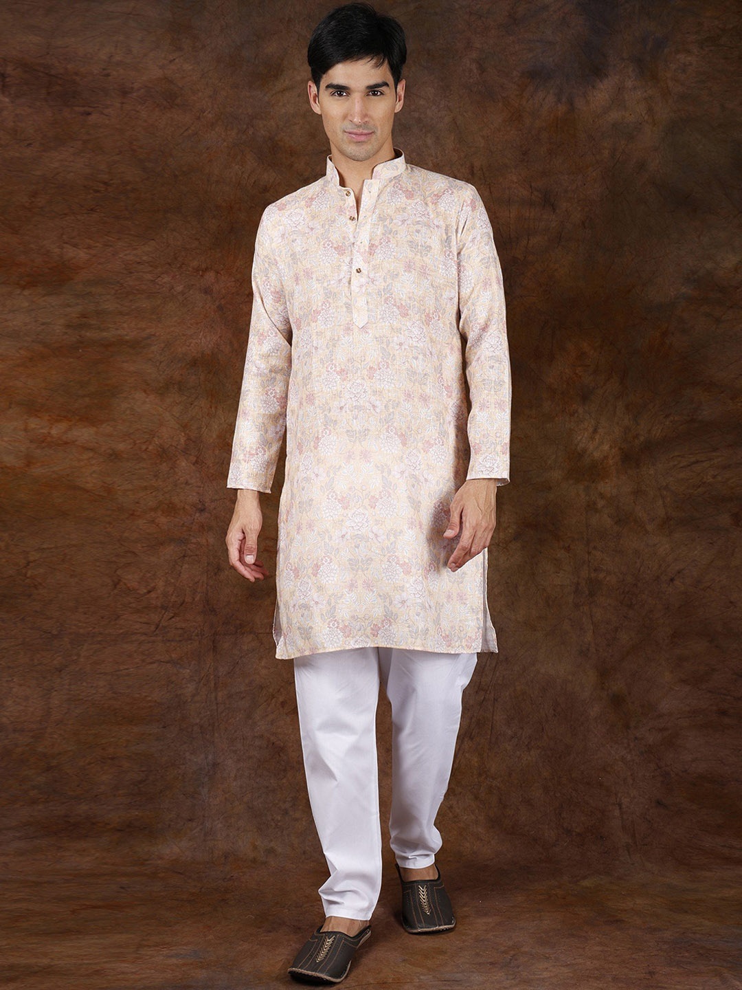 

Exotic India Pure Cotton Floral Printed Casual Buff Yellow Kurta Pajama Set