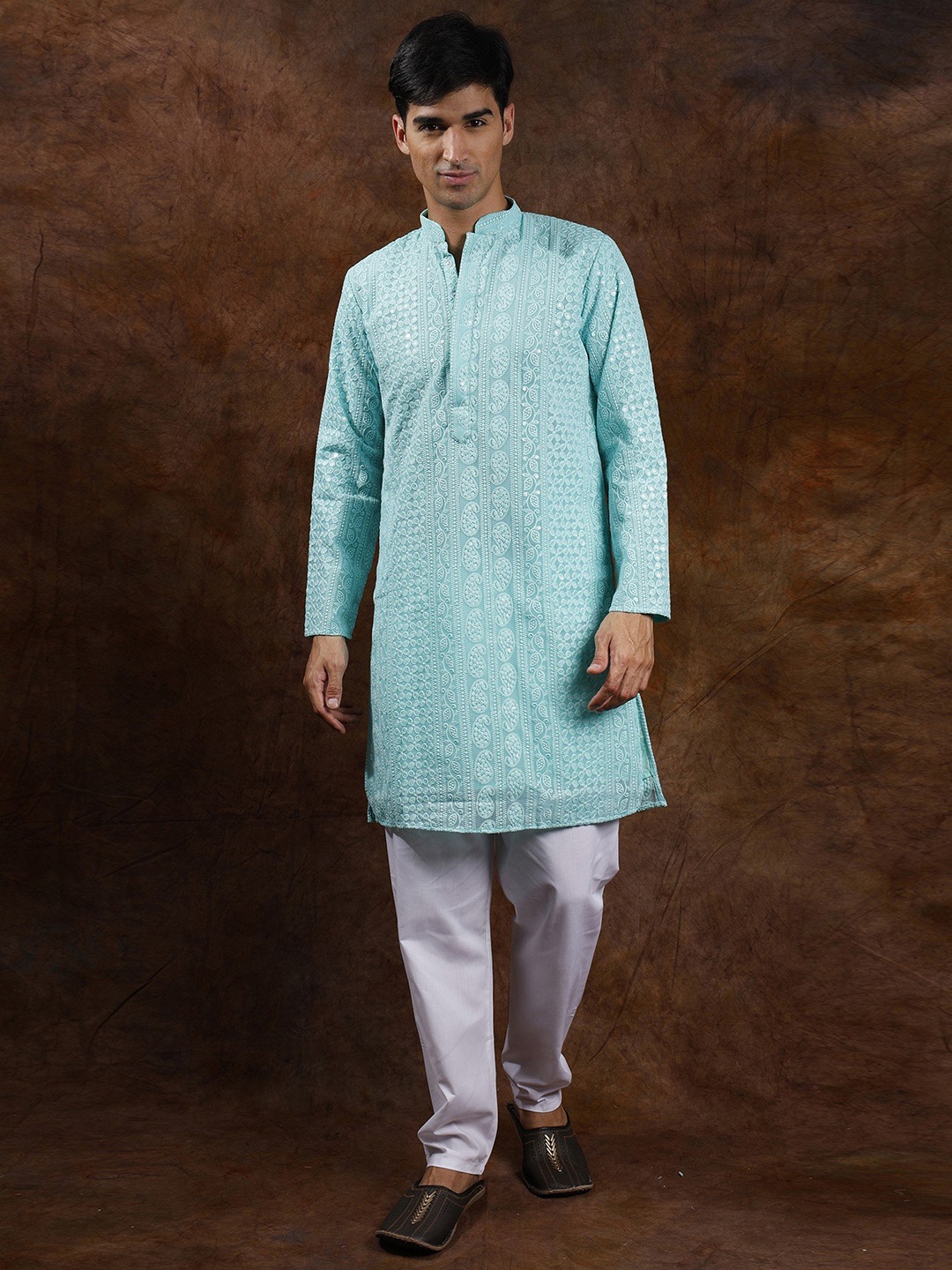 

Exotic India Brook Green Lukhnavi Chikan Kurta Pajama Set with Embroidered Paisleys