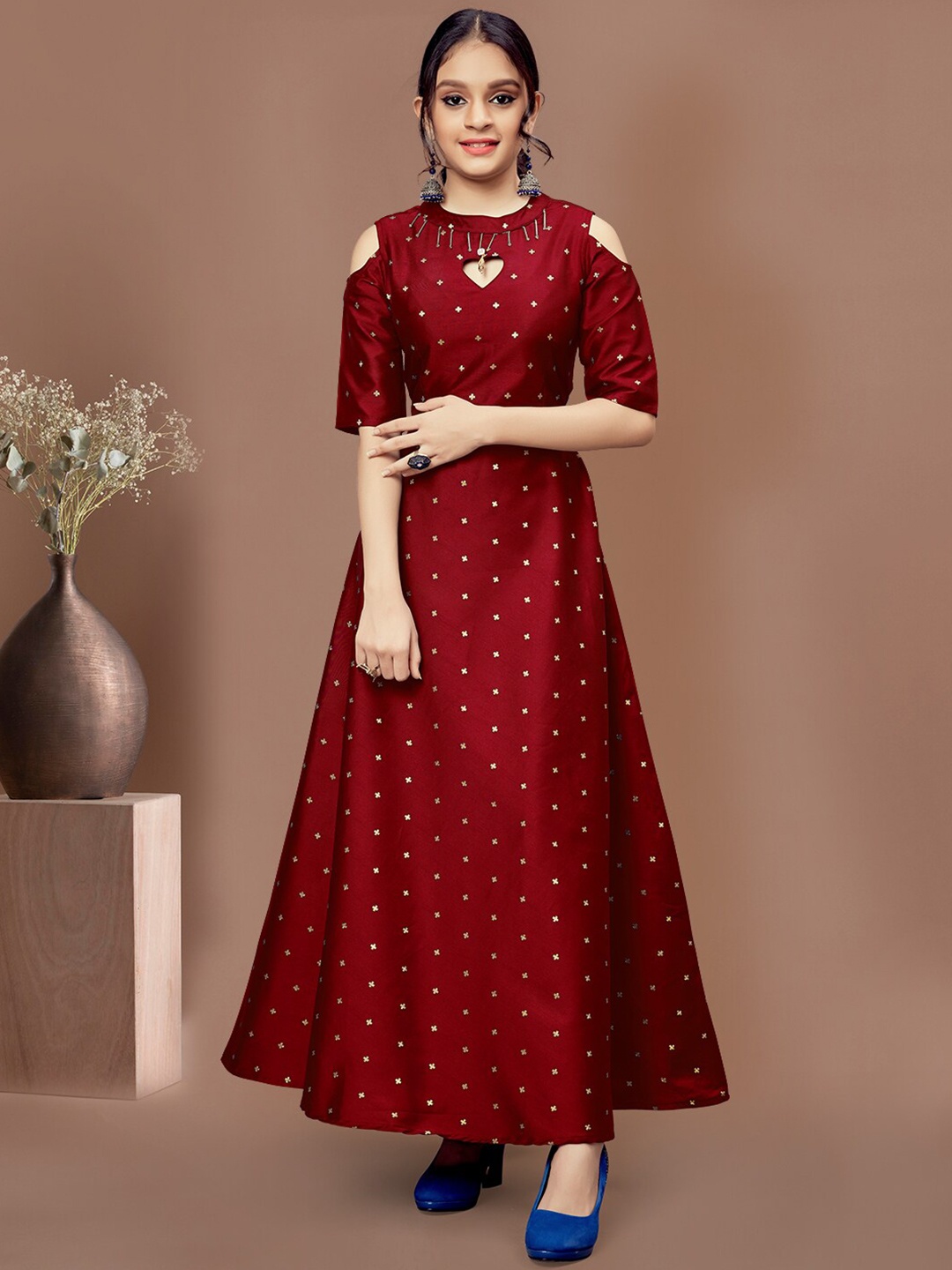 

BAESD Ethnic Motifs Print Keyhole Neck Cold-Shoulder Jacquard Maxi Dress Comes With A Belt, Red