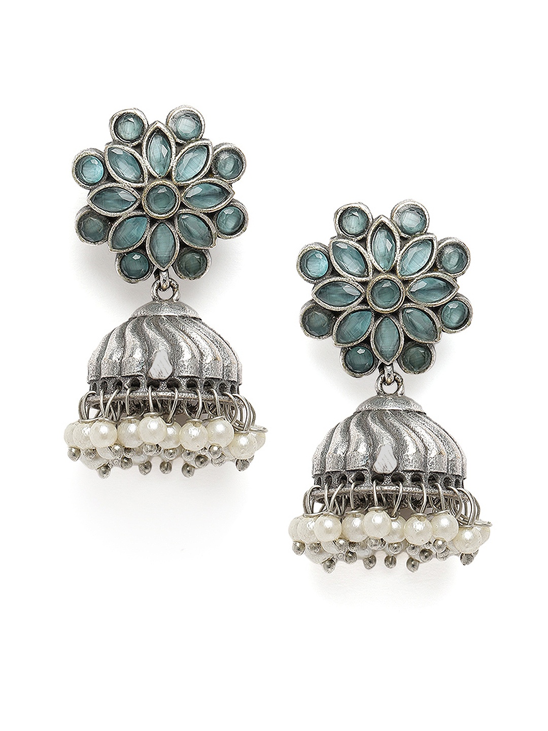 

AITIHYA Stone Studded Oxidised Silver Plated Jumka Earrings, Turquoise blue