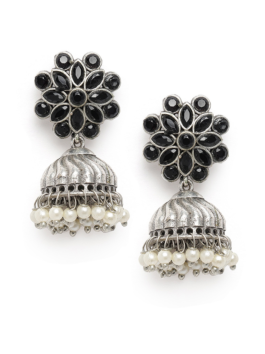 

AITIHYA Stone Studded Oxidised Silver Plated Jumka Earrings, Black