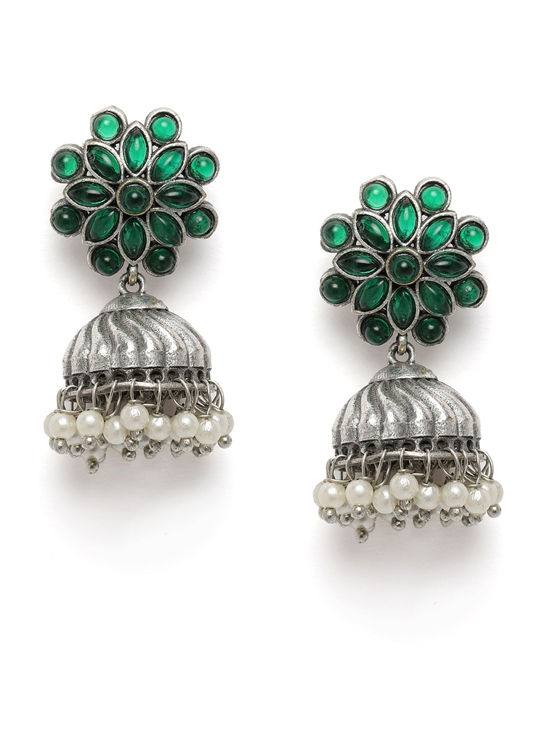 

AITIHYA Stone Studded Oxidised Silver Plated Jumka Earrings, Green