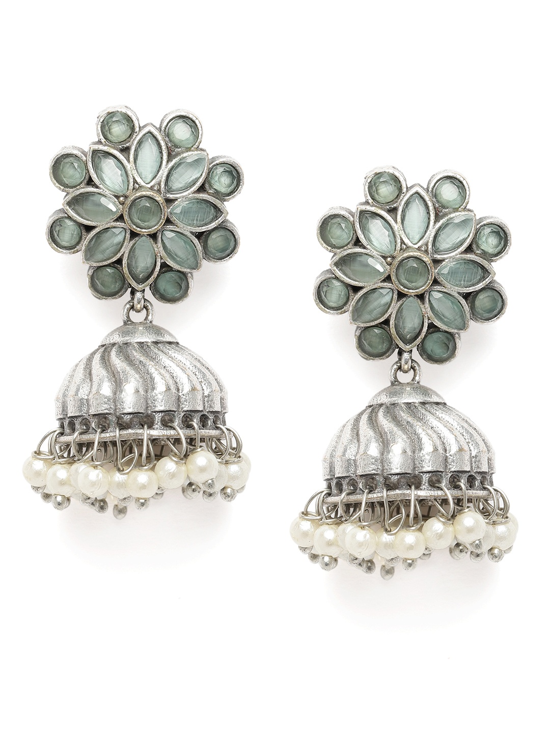 

AITIHYA Stone Studded Oxidised Silver Plated Jumka Earrings, Sea green