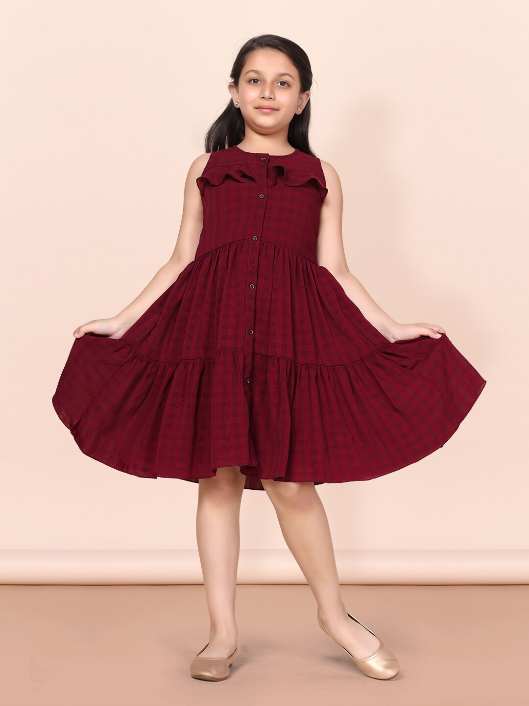 

BAESD Girls Round Neck Sleeveless Ruffled Fit & Flare Dress, Maroon