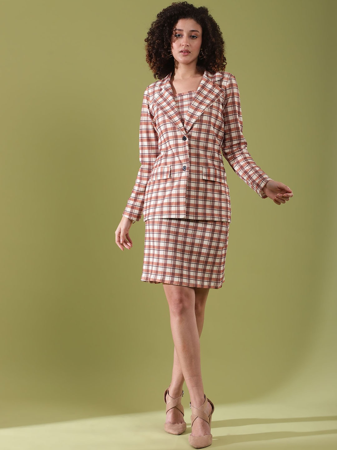 

DressBerry Orange Checked Top And Skirt With Blazer