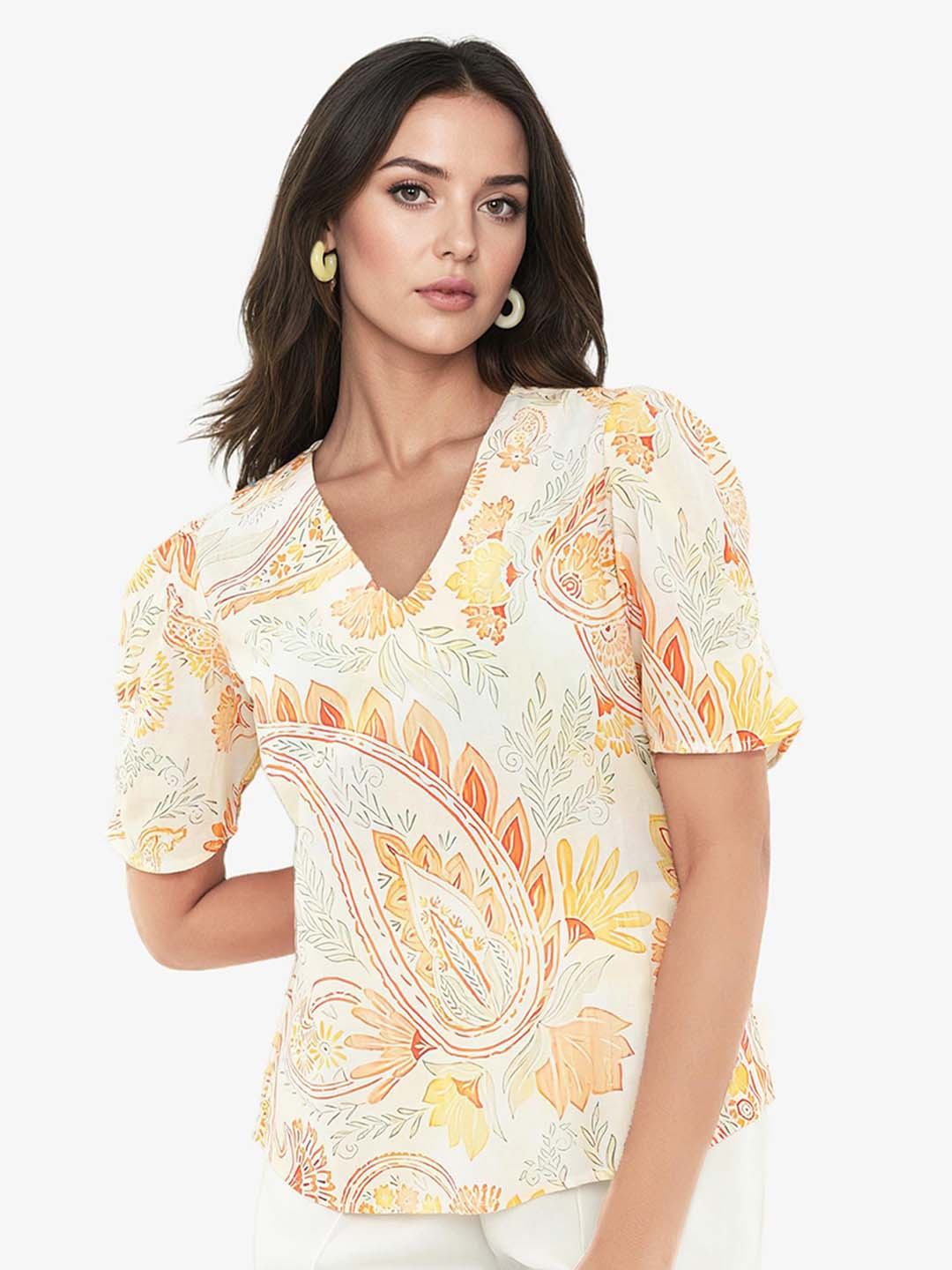 

RAREISM Floral Printed Vigeveno Light V-Neck Puff Sleeves Cotton Top, White
