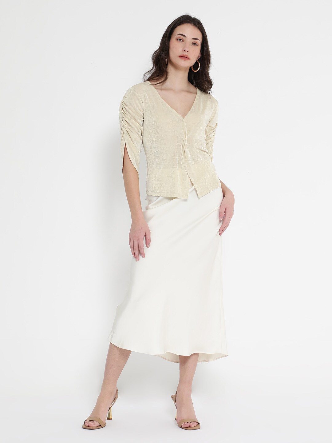 

RAREISM Ruched Sleeve V-Neck Top, Beige